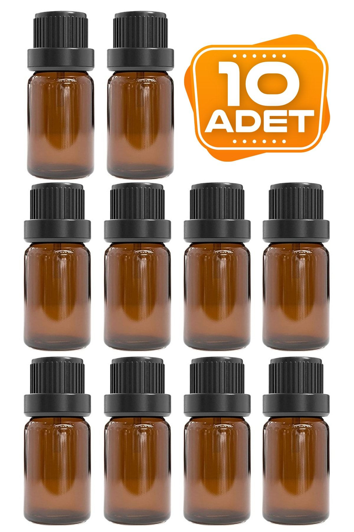 10 Adet - İçten Damlalıklı 10 Ml Amber Cam Şişe Esans Şişesi