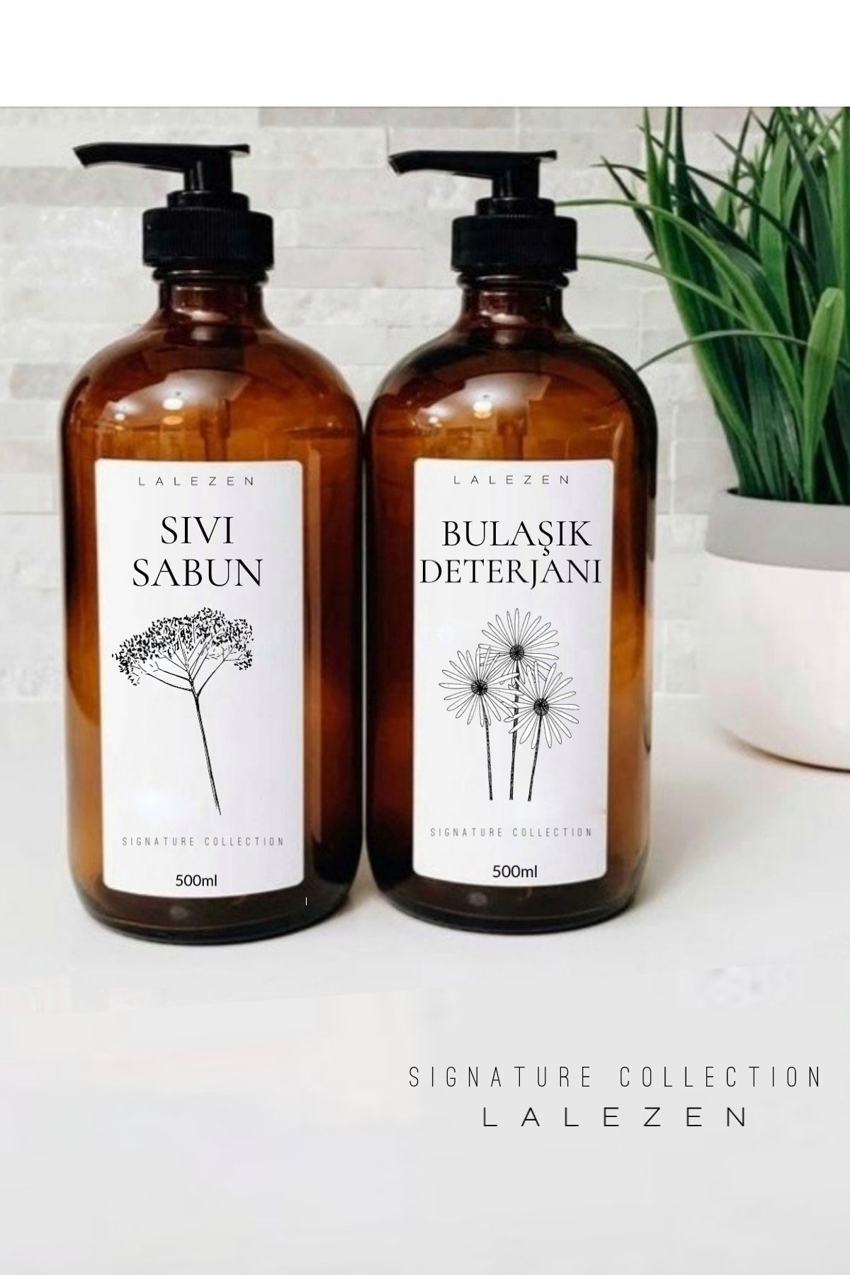 Ela Naturel Oval Ahşap Stantlı 2'li Amber Cam Sıvı Sabun Bulaşık Deterjanı Şişesi Sabunluk 500ml